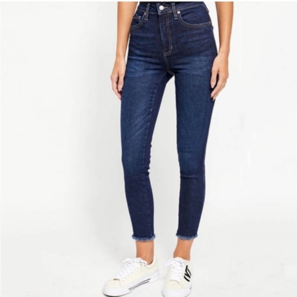 Free People - Dark Wash High Rise Raw Hem Deep Indigo Blue Slim Jeans Size 29